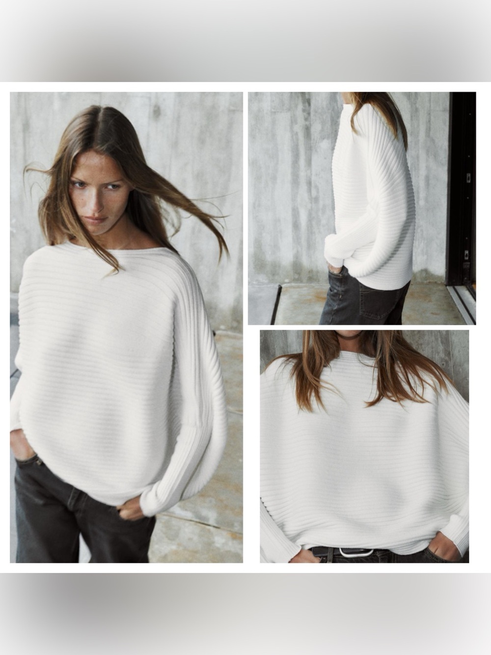 Zara White Oversized Dolman Sleeve Jumper Size L/XL Knit Sweater Preppy